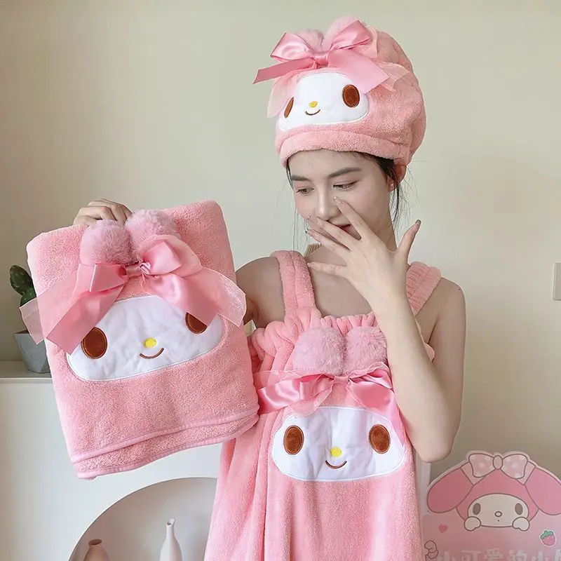 

Girls Home Comfortable Sleepwear Cartoon Sanrio Melody Lamb Bathrobe Skirt Soft Absorbent Towel Hair Drying Face Towel Cap for