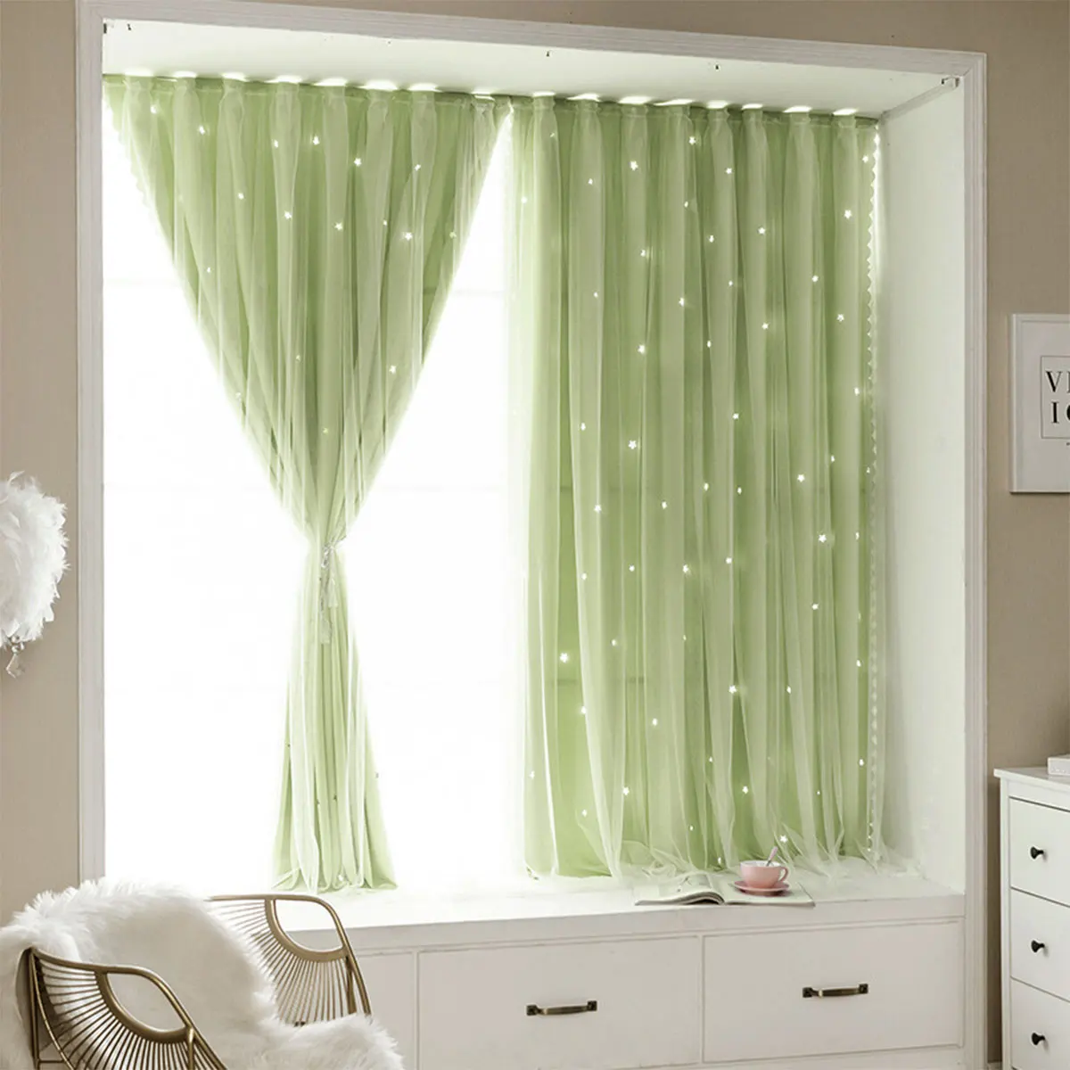 2Pcs Light Green Star Hollow Sheer Curtains Ins Fresh Style Double Mesh for Bedroom Bay Window
