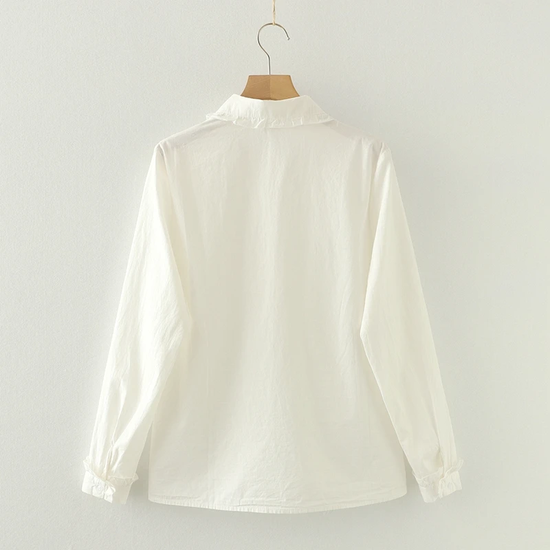 Korean-Style Artistic Fresh Ruffled Edge Doll Collar Pure Cotton White Shirt for Women, Long-Sleeve Versatile Layering Base Shirt for Students