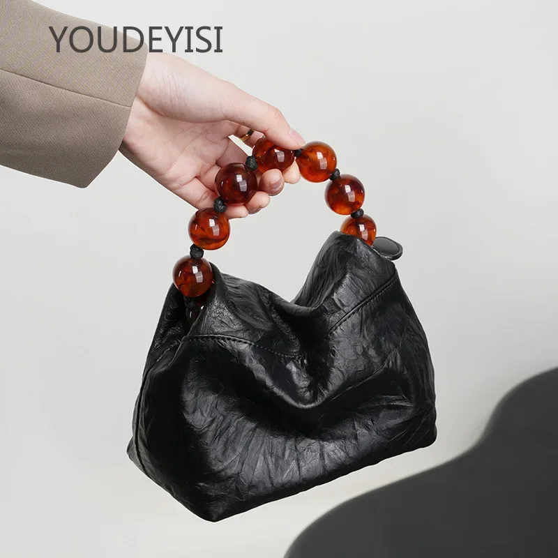 

YOUDEYISI New Chinese Niche First Layer Cowhide Women's Bag Women's Hand Grab Lunch Box Bag Beaded Handbag