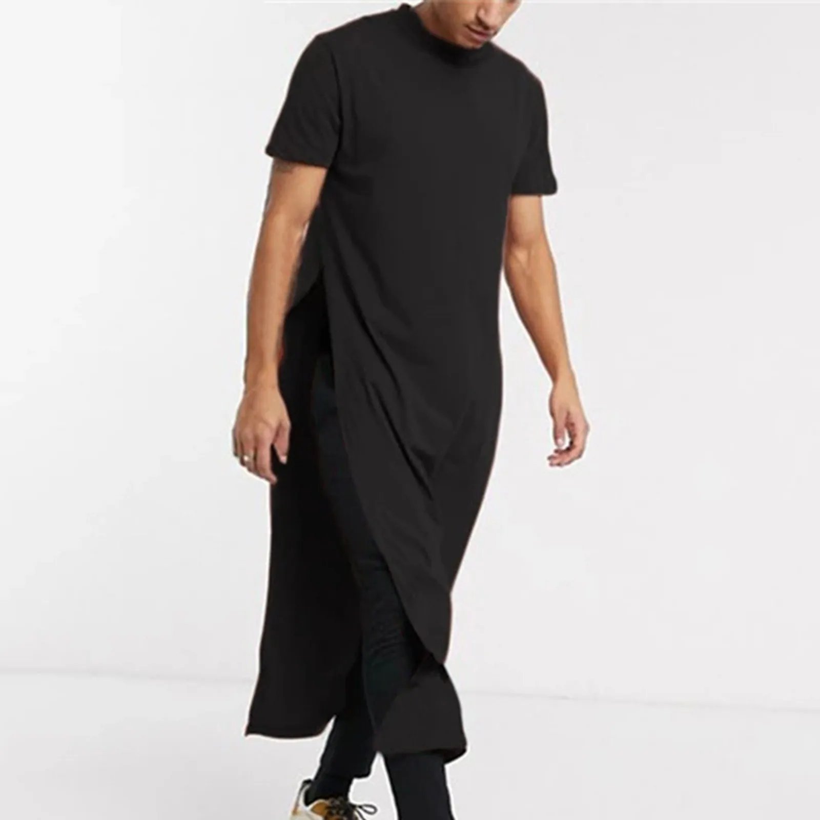 

Men Robes Kaftan Muslim Arab Islamic O-neck Short Sleeve Solid CottonThobe Vintage Loungewear Plus Size Arabia Man abaya