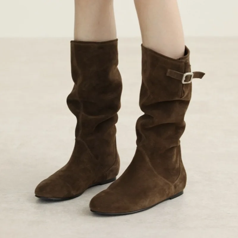 

Height Increasing Women High Boots Round Toe Pleated Design Vintage Street Style Autumn Large Size Ladies Western Cowboy Shoes