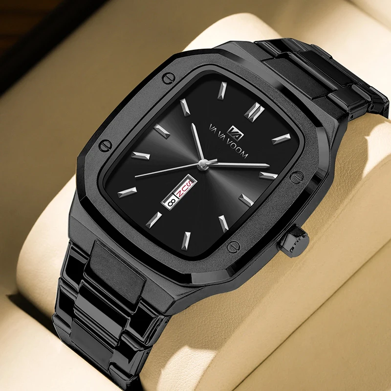 

Business Men Quartz Wristwatches New Square Waterproof Fashion Luxury Brand Luminous Stainless Steel Watch Calendar Week Display