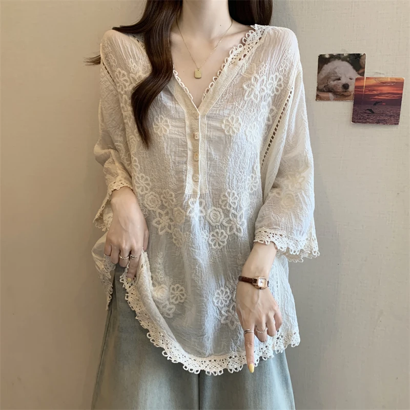 

Autumn Black/White/Brown Sexy Lace Blouse Women Elegant V-Neck Puff Long Sleeve Open Back Short Tops Female Party Blusas 2025
