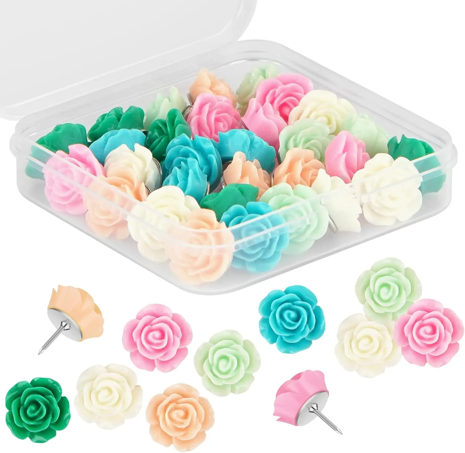 

30pcs Decorative Push Pins for Cork Board, 6 Colors Flower Thumb Tacks with Plastic Case