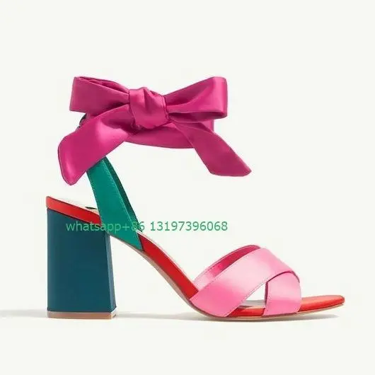 Lady stain bowtie colorful slingback sandals open toe design chunky heel pumps summer causal daily bowknot elegant pumps size 46