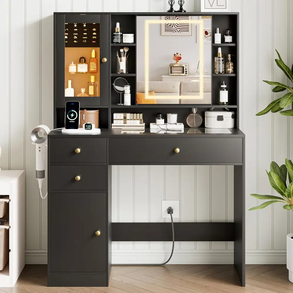 

Illuminated Makeup Vanity Desk with 3-Drawer and Cabinet, 38 Clear Glass Top, Black