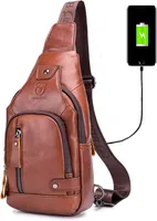 BULLCAPTAIN Genuine Leather Sling Bag with USB Charging Port Multi-pocket Chest Bag for Men Hiking Travel Daypack XB-129