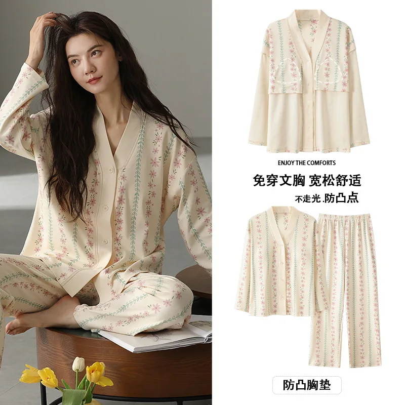 Cotton Womens Nightwear with Bra Pad Autumn V Neck Nightwear Cardigan Home Clothes Female Girl Long Sleeves Homewear Dropship