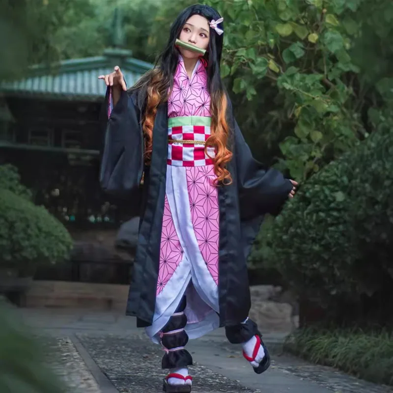 

Anime Demon Slayer Nezuko Cosplay Costume Bamboo Mouthpiece Kimono Set Girls Halloween Carnival Party Dress Stage Performance