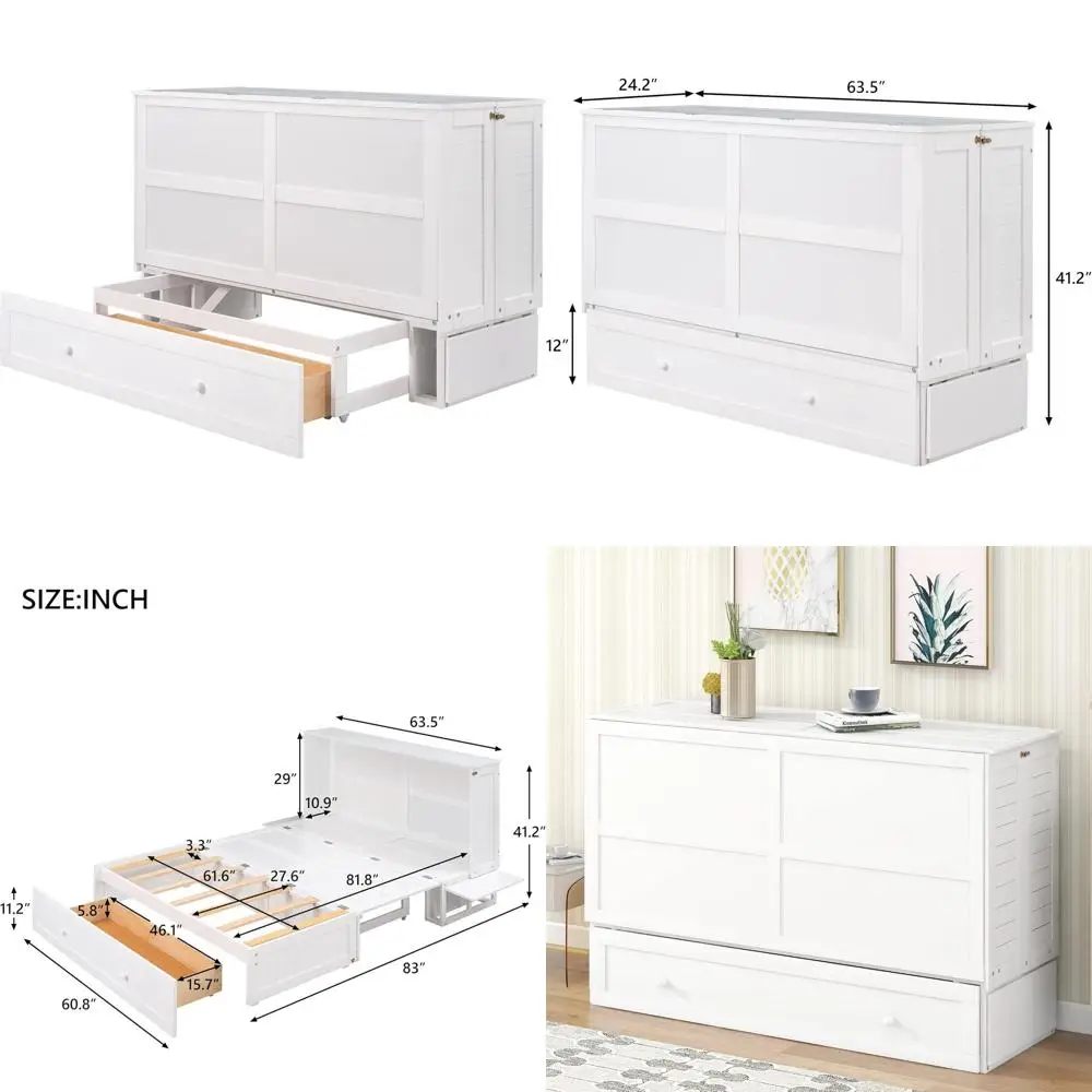 

Многофункциональная кровать-трансформер Queen с местом для хранения, полками и столом для домашнего офиса, детей и подростков — простая сборка, белый цвет