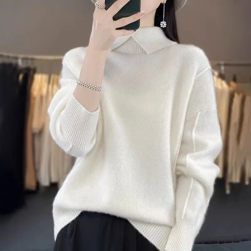 New Autumn Winter Turn-down Collar Sweater Laziness Loose All-match Pullover Fashion National Style Knitting Raglan Bottom Tops