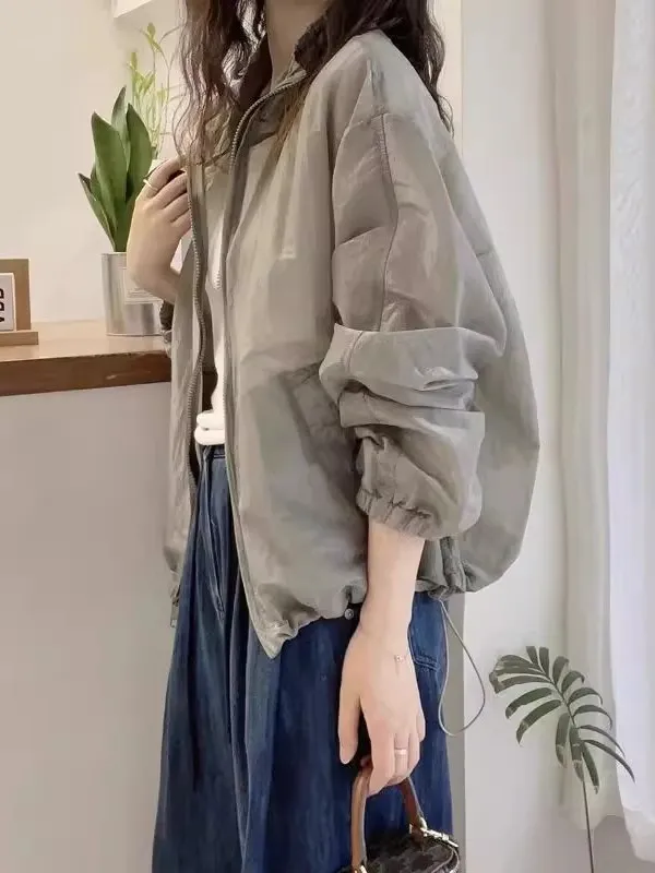 Women's Summer 2025 Thin Long Sve Stand Collar Casual Outerwear Loose Fit Zipper Faion Lazy Sle Sun Protection Top