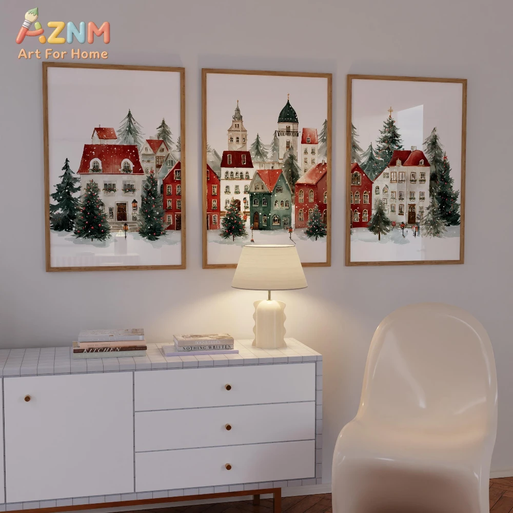 AZNM Watercolor Winter Christmas Town Canvas Print, Festive Snowy European Village Wall Art, Frameless Minimalist Holiday Decor view 5