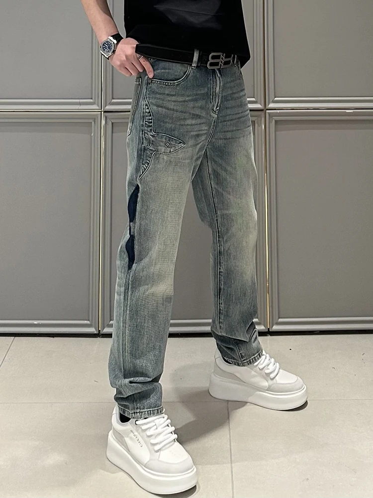

Весенне-летние мужские джинсы премиум-класса светло-голубого цвета, широкие, прямого кроя, свободные, роскошные, длинные брюки из модного хлопка с добавлением стрейча.