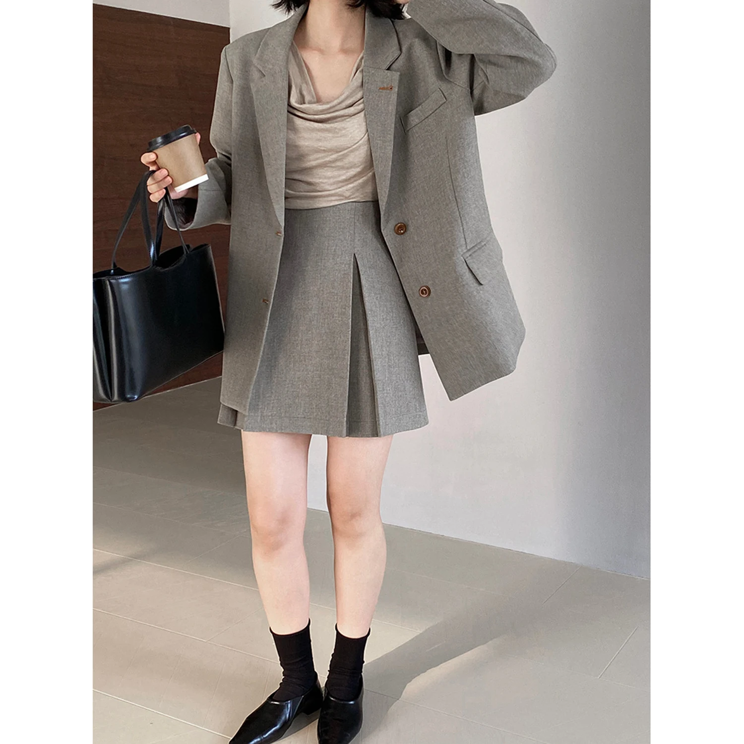 

Allingentle Luxury Gray Women's Skirtsuit Outfit 2 Piece Suit Blazer & Skirt Elegant for Daily Casual Customized