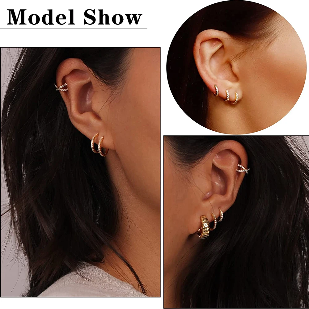 1Pair Gold Color Hoop Earrings For Women Fashion Cubic Zirconia Small Huggie Cartilage Earrings Helix Tragus Piercing Jewelry