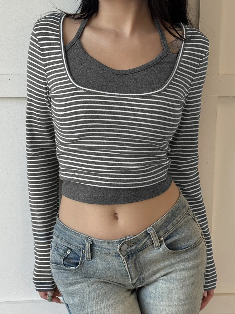 Harajuku Fake Two Pieces Stripe T-shirts Y2k Aesthetic Casual Halter Cropped Tshirts Autumn Women Patchwork Grunge Bodycon Tops