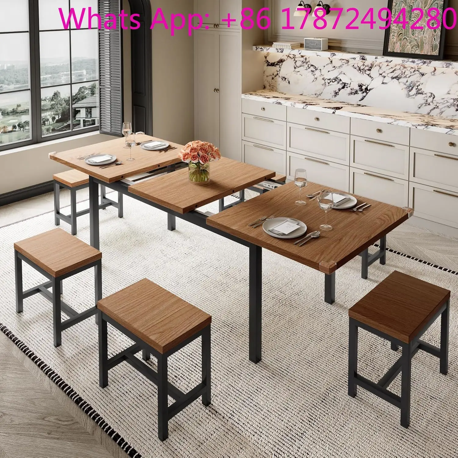 7-Piece Dining Room Table Set, Extendable Kitchen Table with 6 Stools