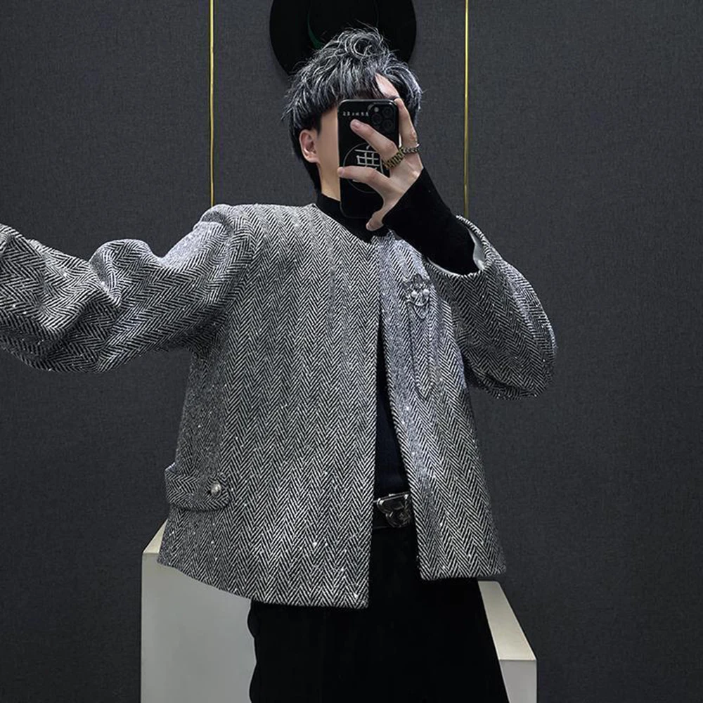 Mens Spring Jacket Ballroom Casual Jacket Streetwear Fashion Nightclub Stage Performance Top 2026 (Only Pearls No Chest Armband)