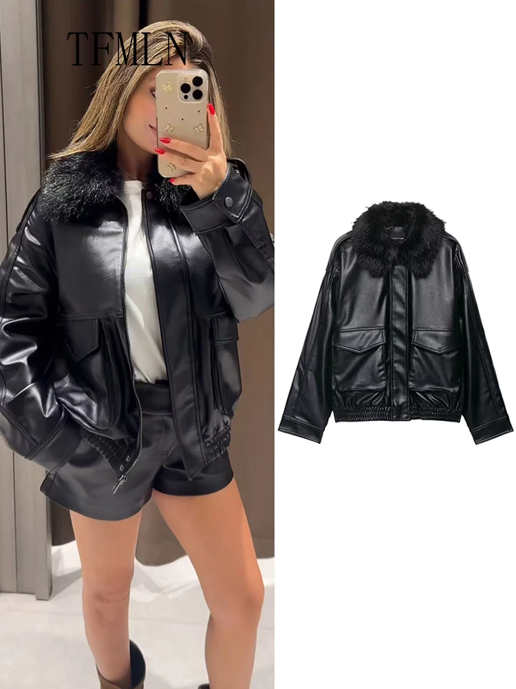 

TFMLN 2025 Autumn Winter Women Faux Leather Jackets Fashion Removable Faux Fur Collar Zipper Causal Coats High Street Outwear