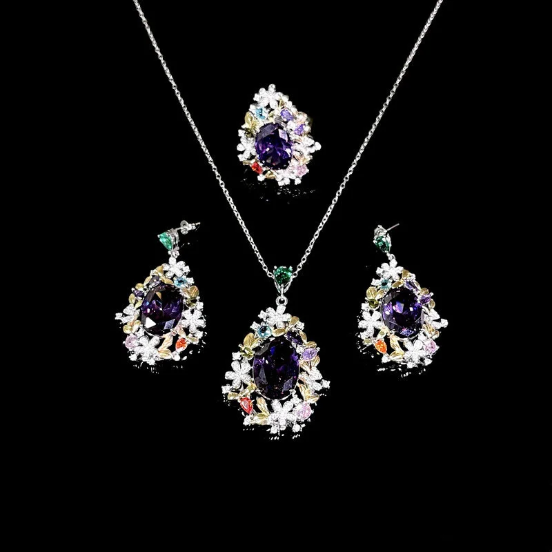 2024 Women Rainbow wreath Gemstone Necklace 18K Gold Plating Grape Purple Zircon Flower Ring Earrings