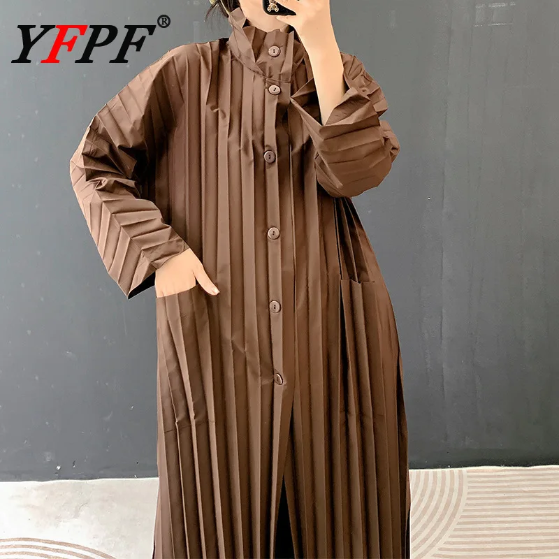 

YFPF 2026 Miyake Pleated Long Trench Coat Women Stand Collar Loose Button Solid Color Windbreaker Fashion New Clothing