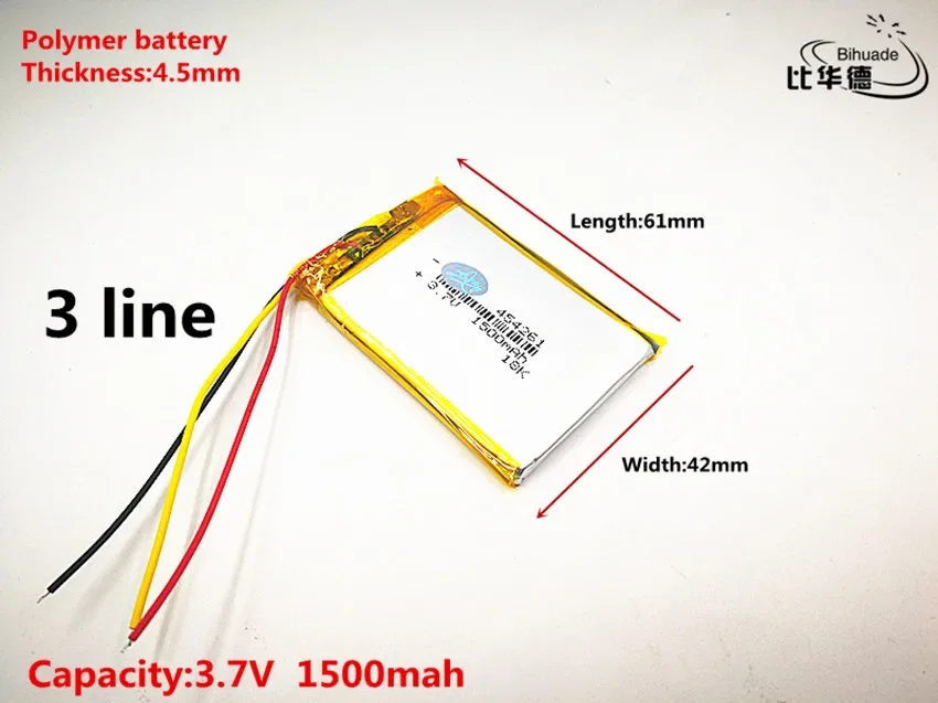 10pcs/lot 3 line Good Qulity 3.7V,1500mAH,454261 Polymer lithium ion / Li-ion battery for TOY,POWER BANK,GPS,mp3,mp4