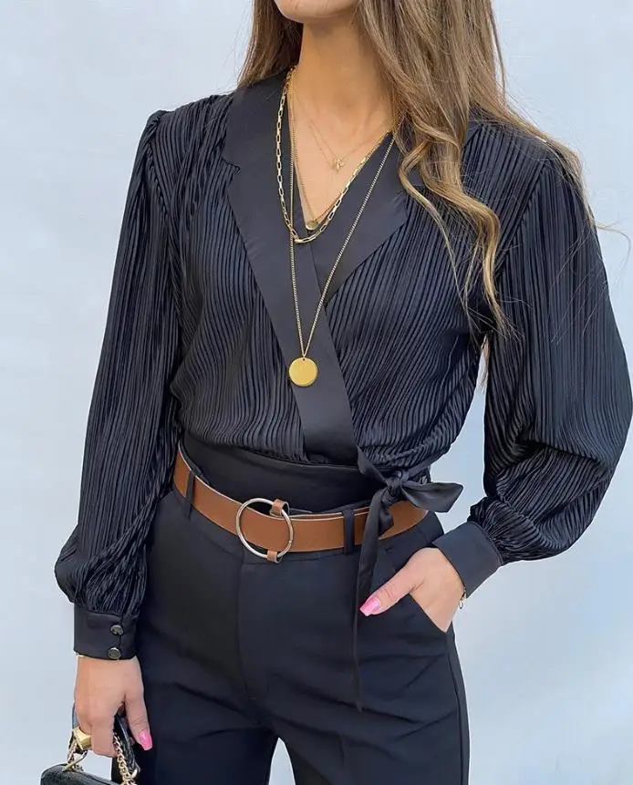 

Woman Blouse 2025 Spring Autumn New Overlap V-Neck Tied Detail Cinched Waist Blouse Casual Textured Satin Long Sleeve Top