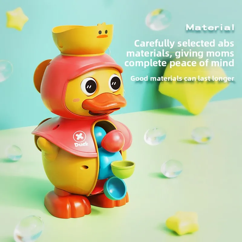 Babybaden, spelen in het water, spelen met waterspeelgoed, badkamer schattige eend roterend waterrad, draaien, kinderen