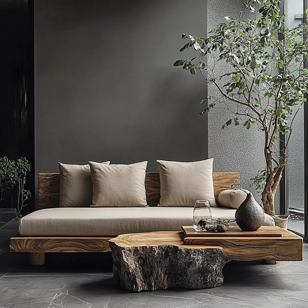 سجل الرياح الخشب الصلب وابي سا أريكة جمالية غرفة المعيشة B & B أثاث سجل الفندق أرضية صف مستقيم أريكة متعددة الأشخاص