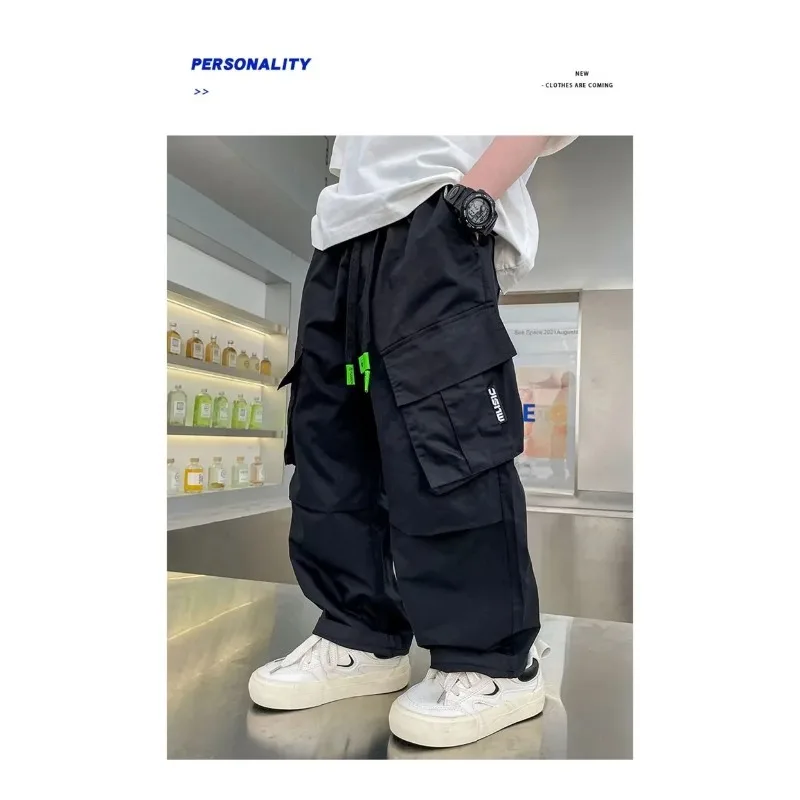 4-14 Jahre Jungen Casual Latzhose UNITIM Herbst Kinder Jungen Cargo-Hose Lose Elastische Taille Junior Jungen Hose mit Schriftzug Kinder Jungen Hose – Detail 15
