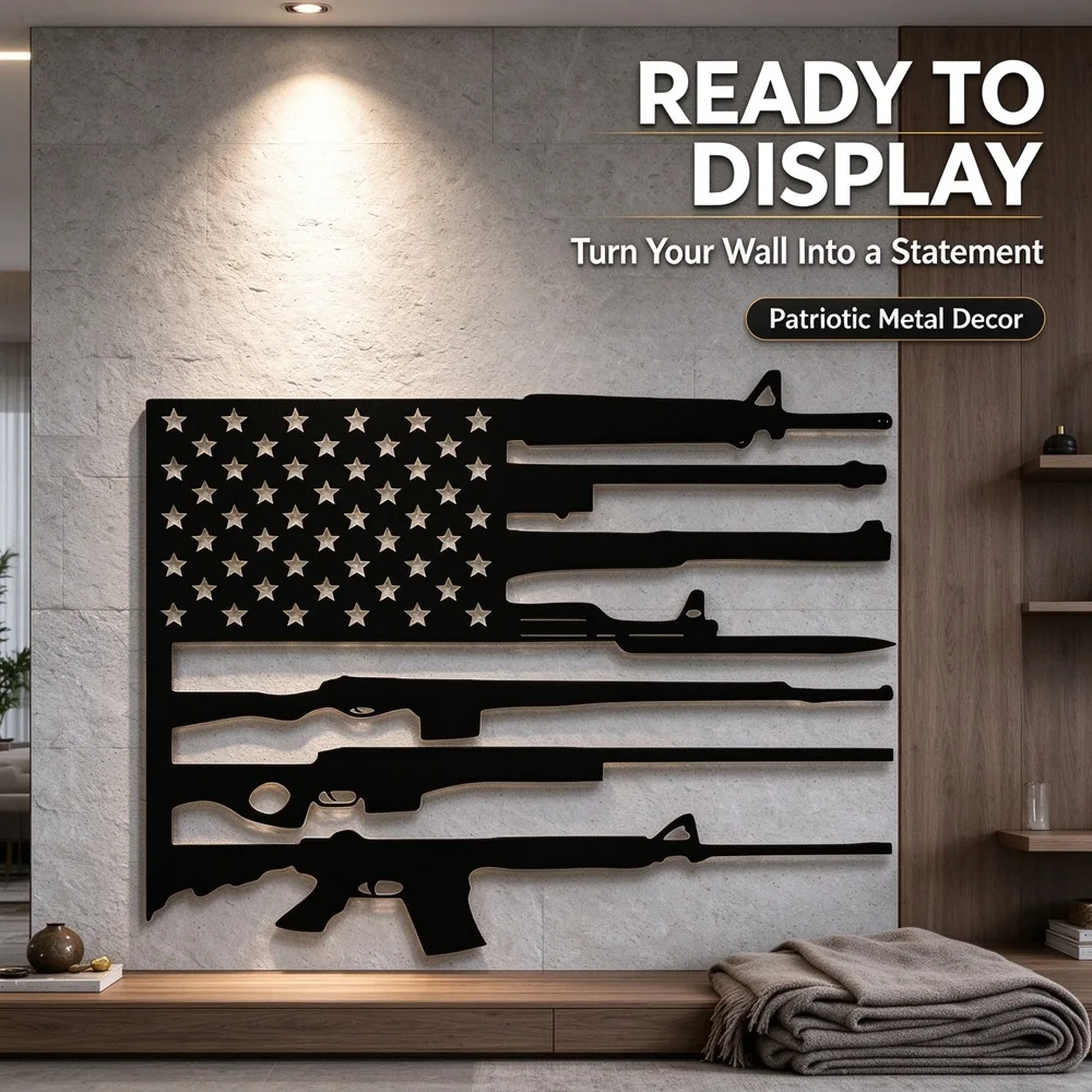 Patriotische amerikanische Flagge mit Gewehr-Silhouette, Metall-Wandkunst, US-Flagge mit Gewehr-Motiv, Metallschild, für die Männerhöhle, die Garage, als Geschenk für Veteranen. – Detail 2
