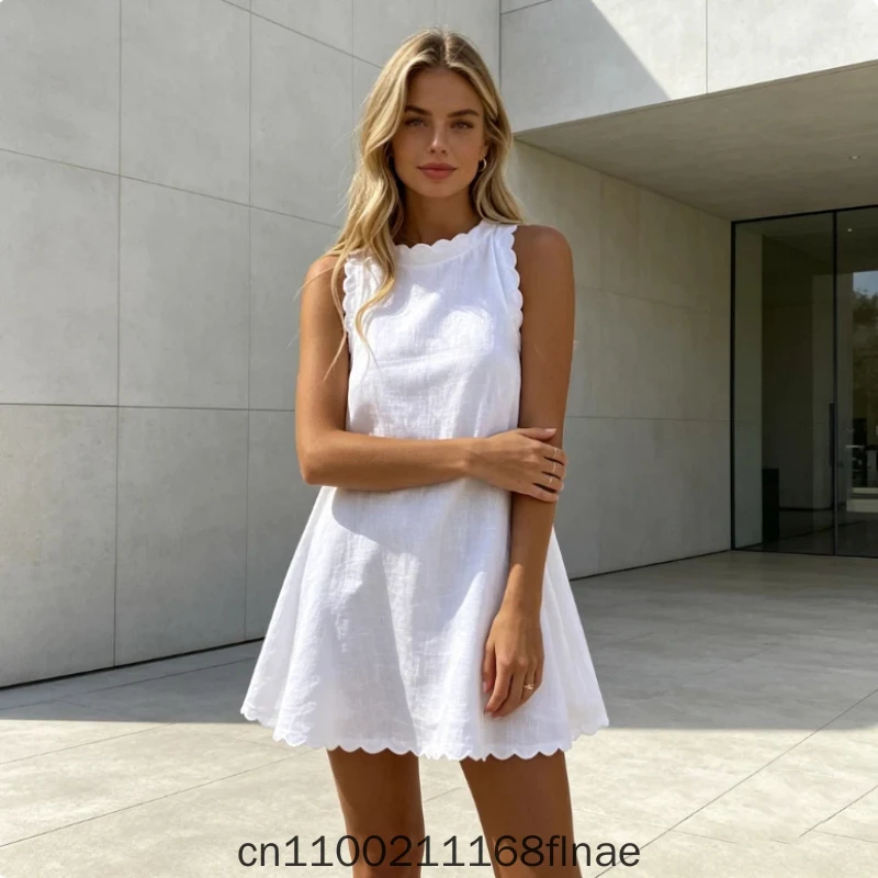 2026 European and American Casual Women's Solid Color Cotton Linen Short Mini Round Neck Sleeveless Dress Modern Dance