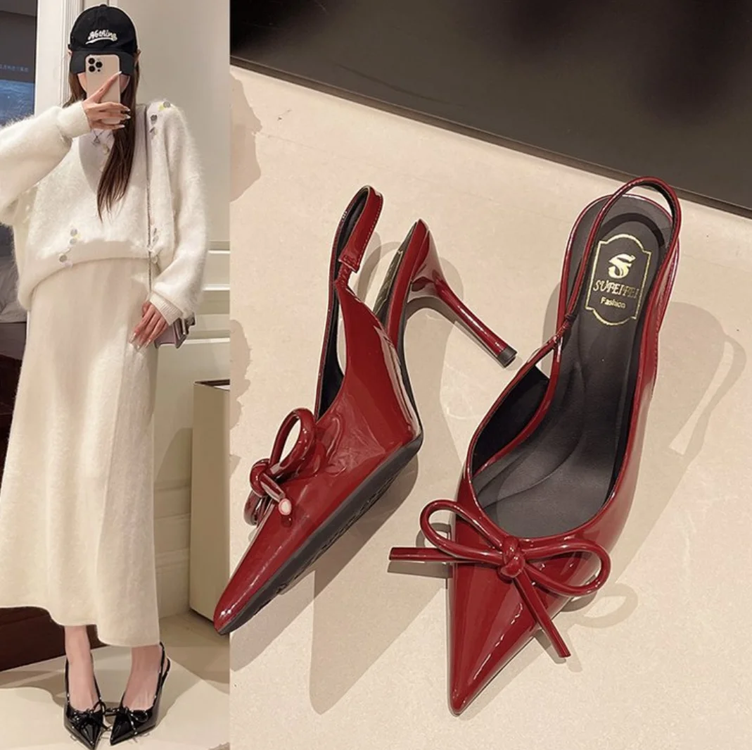 Bow Slingbacks High Heels Sandal For Woman Sexy Pointed Toe Patent Leather High Heels Shoes 2025Summer Elegant Woman Heeled Shoe
