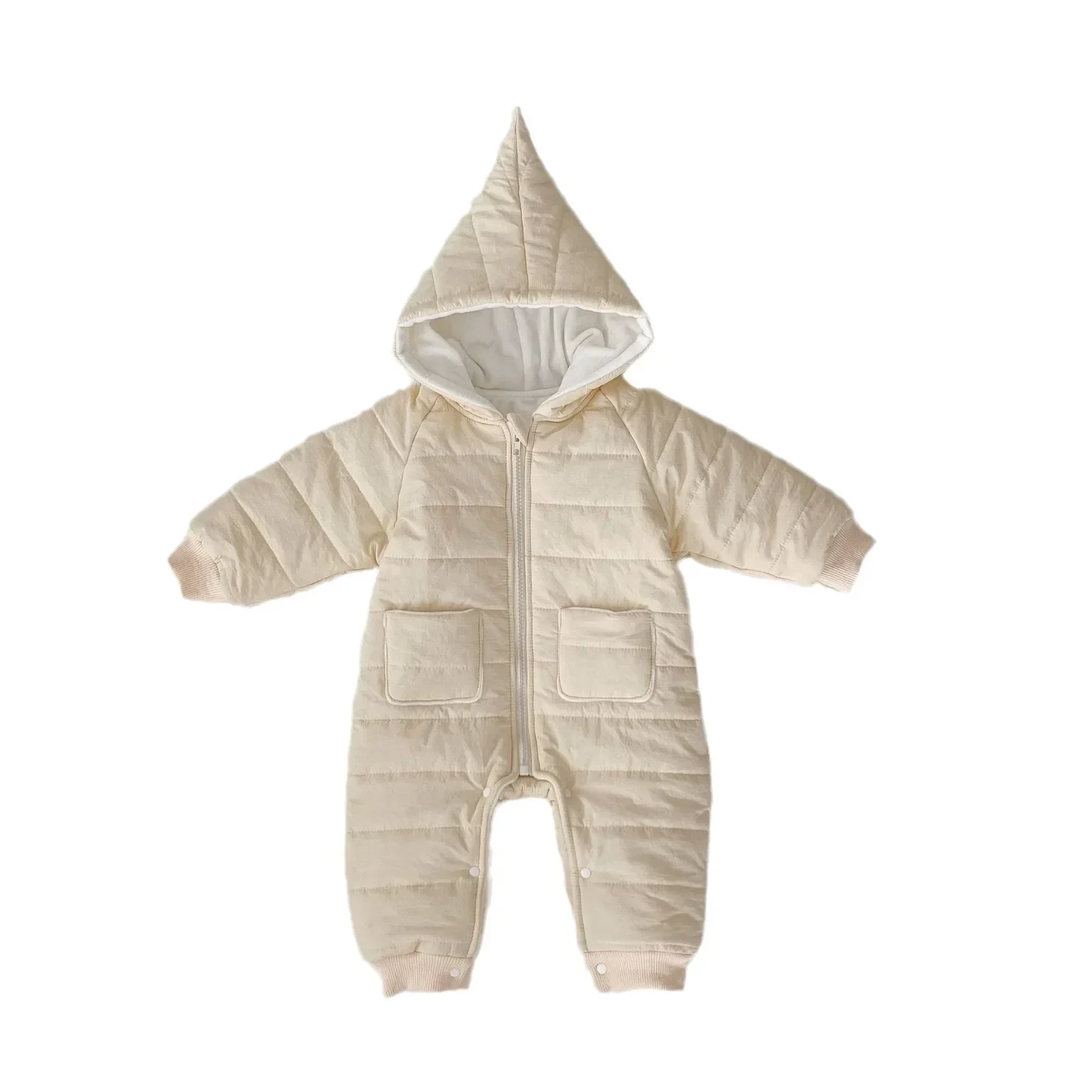 

Ins 2023 Winter Cashmere Thick Warm Baby Boys Girls Solid Color Quilted Hooded Climbing Jumpsuit，Kids Infant Romper 0-24M