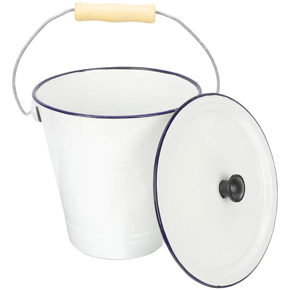 

Food Containers Enamel Bucket with Lid Household Cleaning Water Waste Basket White Flower Vase