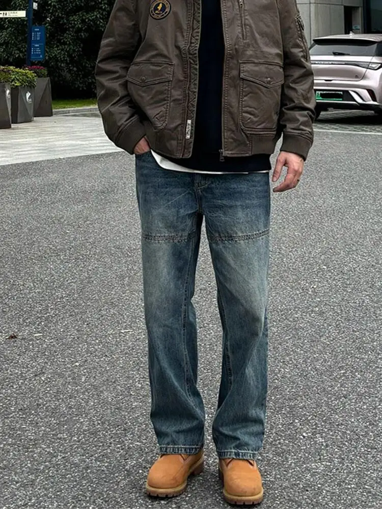 

Blue Deconstructed Patchwork Straight Leg Jeans Men's Autumn Winter American Loggers Workwear Pants Boots Matching Pants