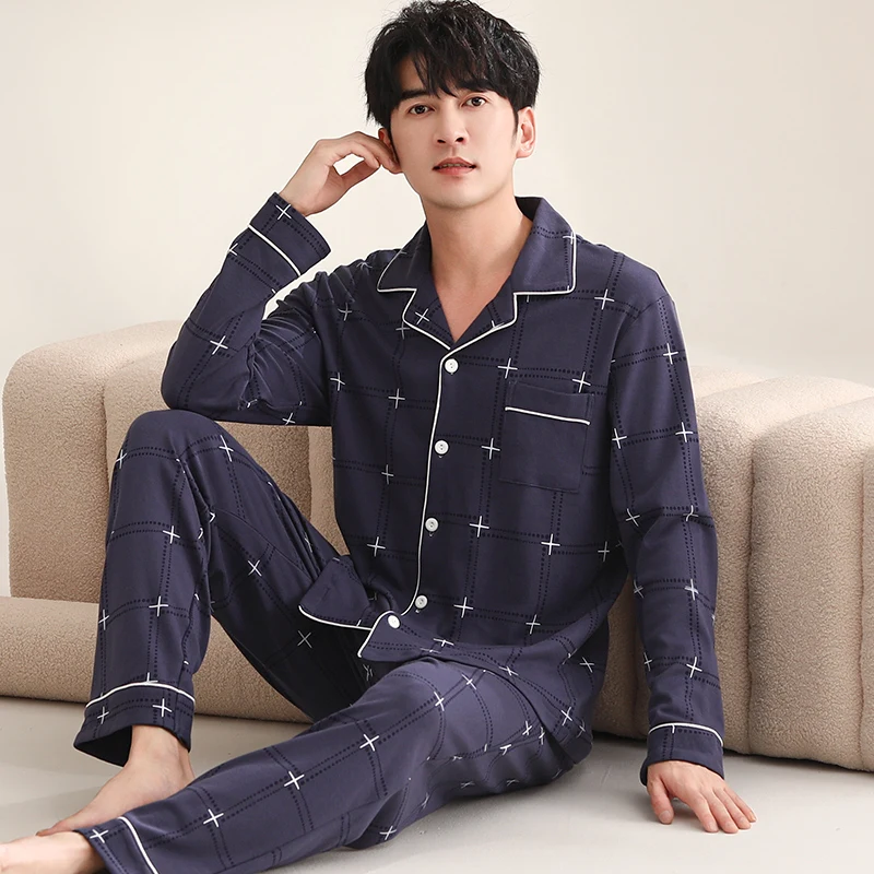 2024 Autumn/Winter New Men's Pajamas Combed Cotton Cardigan Flip Collar Plaid Large Loose Casual 2-piece Set Home Furnishing