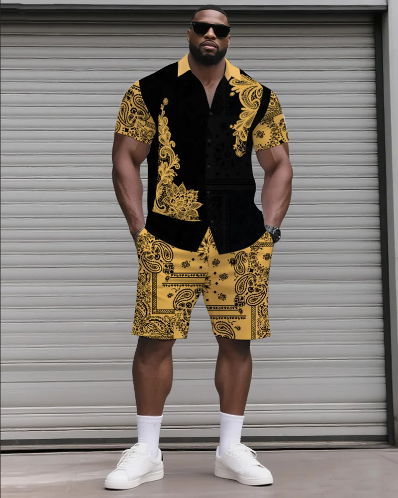 

S-9XL Мужская рубашка больших размеров с короткими рукавами и шортами с принтом Perlis, комплект из 2 предметов, малайский традиционный свободный крой, летний комплект