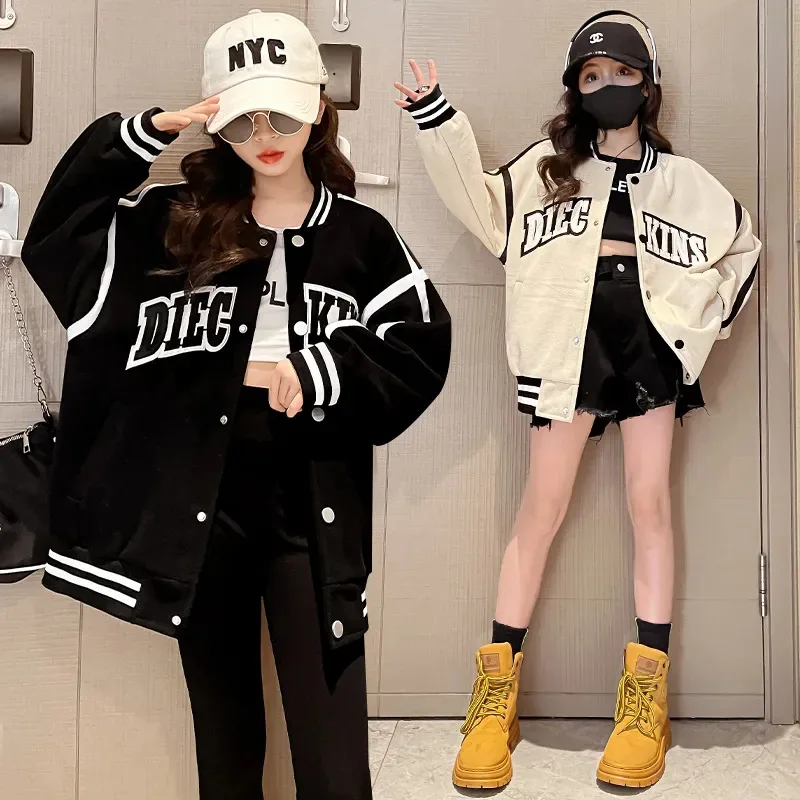 

Girls Loose Alphabet Patchwork Single-breasted Sweat Varsity Jackets School Kids Track Coats Child Outfit Preppy Tops 3-16 Years