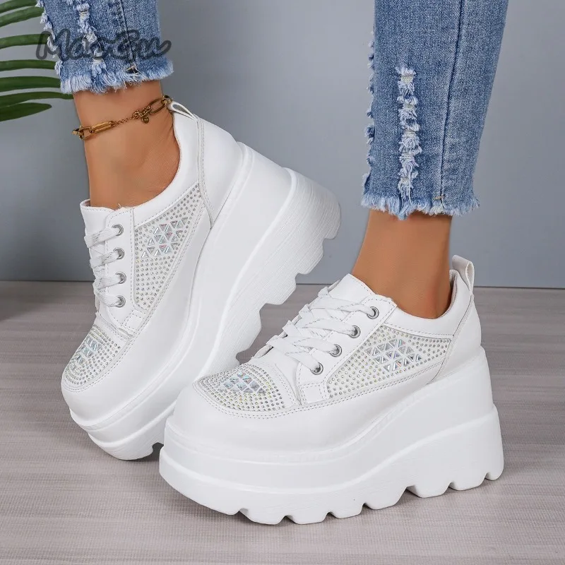

Sparkly Rhinestone Platform Sneakers for Women White Chunky Sole Lace-Up Casual Shoes Trendy Thick Sole Height Increasing Shoes