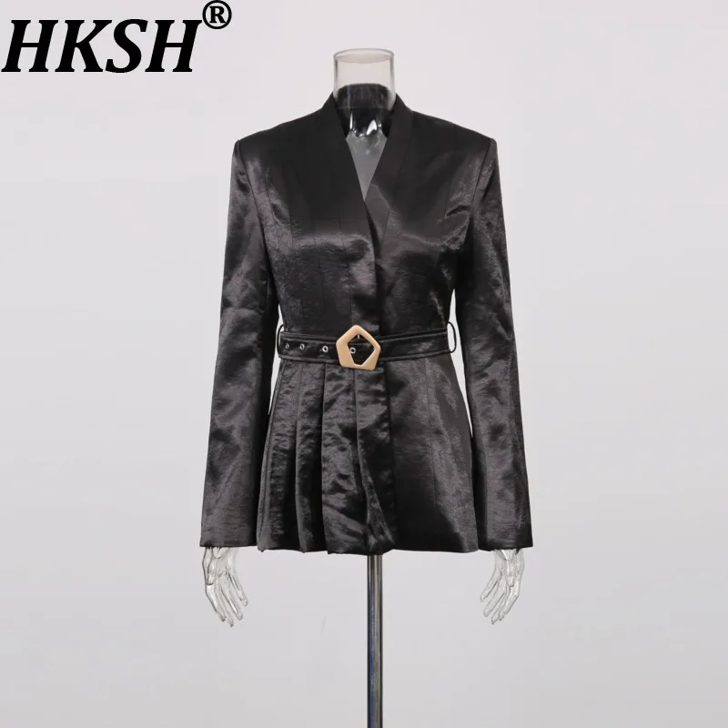HKSH Women Blazer Dark Style Elegant Pleated Patchwork Sashes Design Waist Cinching V-Neck Slim Fit Trendy Ins Suit-Coat HK28806