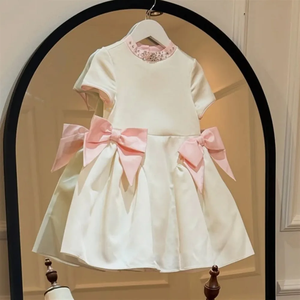 

Cute Satin Flower Girl Dress for Wedding Beading Bow Princess Birthday Party Pageant Dress Kids Girls Christening Communion Gown