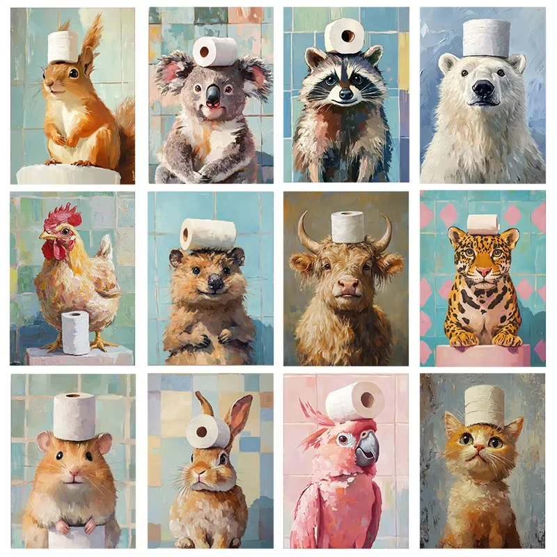 5D DIY Diamond Painting Kit Giraffe Cat Raccoon Toilet Paper Cute Animal Funny Humor Bathroom Art Home Wall Decor Gift