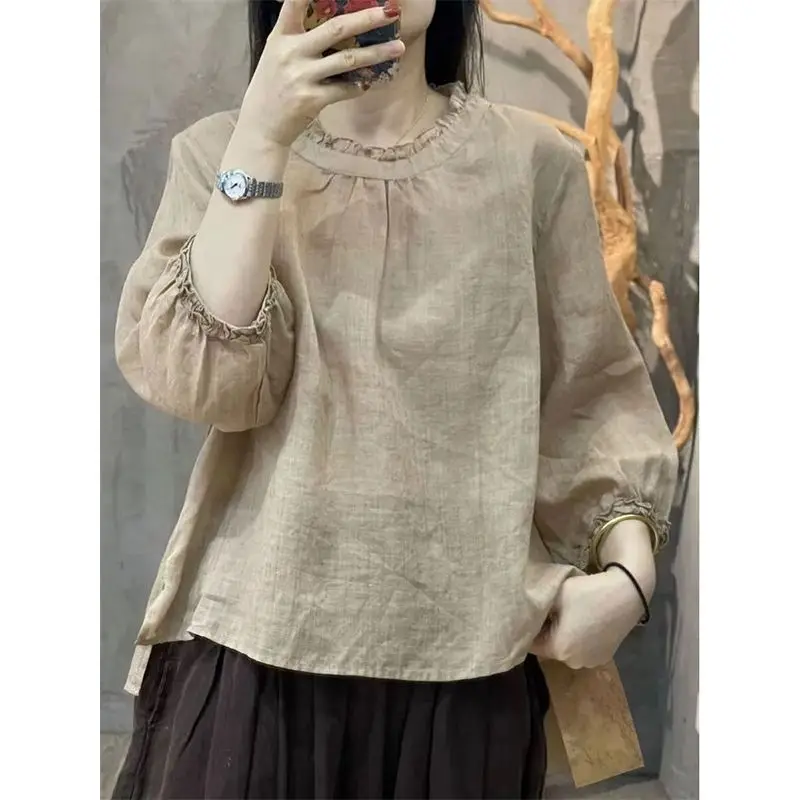 

Women's plus Size Cotton Linen Short Sleeve T-Shirt Belly Covering Base Shirt Vintage Style Spring Summer New Arrival