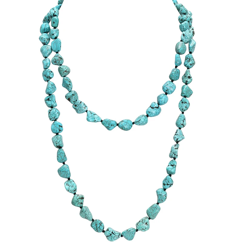 Turquoise Beads Endless Necklace for Women Teen Girls Boho Long Knotted Stone Multi-Strand Layer Necklaces Handmade Jewelry