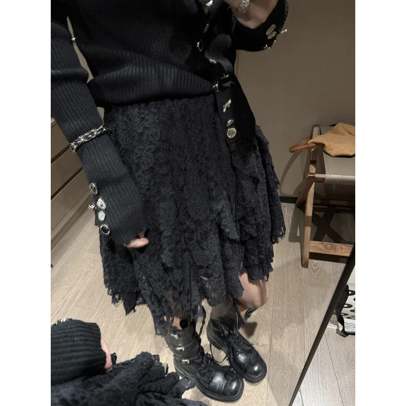 

Deeptown Gothic Black Mini Skirts Women Asymmetrical Y2k Lace Short Skirt Gyaru 2000s Harajuku Streetwear Ruffle Skirt Aesthetic