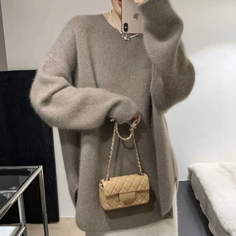 DAYIFUN Solid Knitted Pullovers Autumn Fashion O-neck Knitwear Sweaters Lazy Vintage Long Sleeved Simple Basic Chic Jumpers Tops