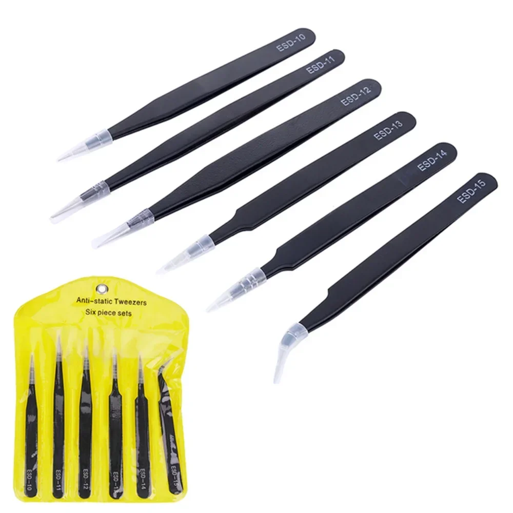 6pcs Precision Tweezers Set ESD Anti-Static Stainless Steel Tweezers Repair Tools for Electronics Repair Soldering Craft Tools